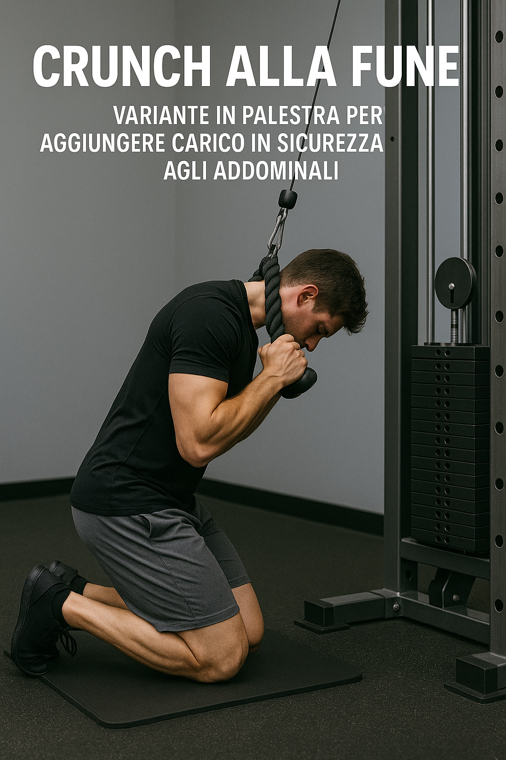 Crunch alla fune alla torre dei cavi eseguito in ginocchio