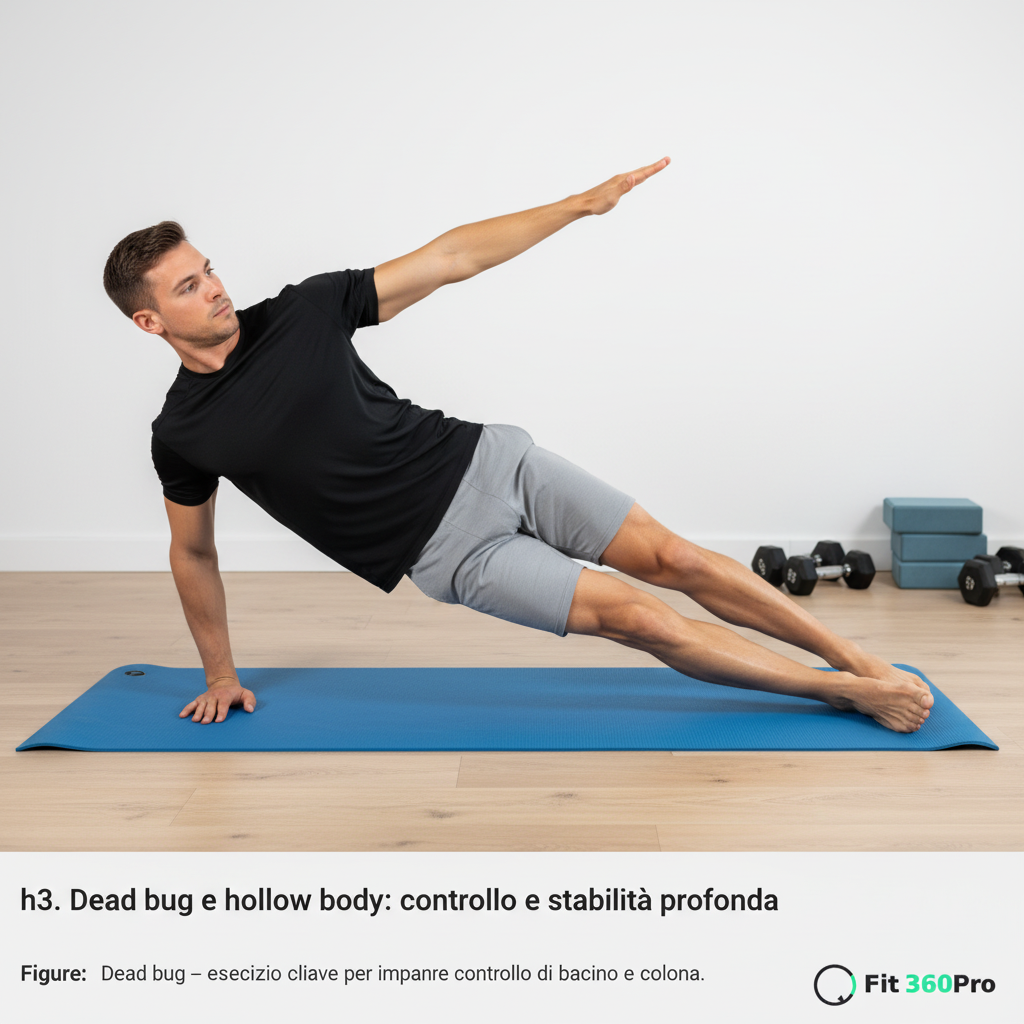 Dead bug con braccia e gambe alternate mantenendo la zona lombare aderente al pavimento