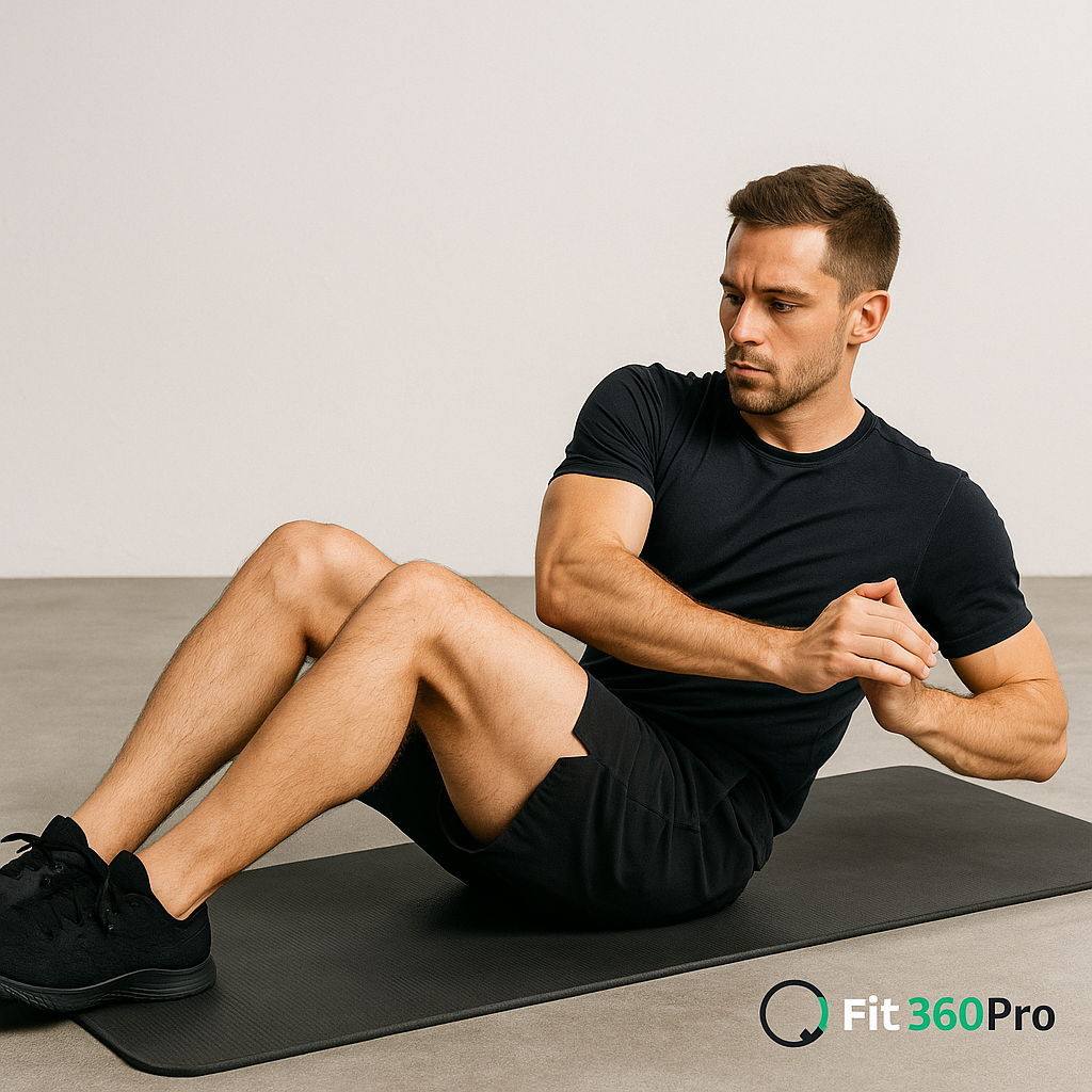 Russian twist controllato seduto con busto inclinato e piedi a terra