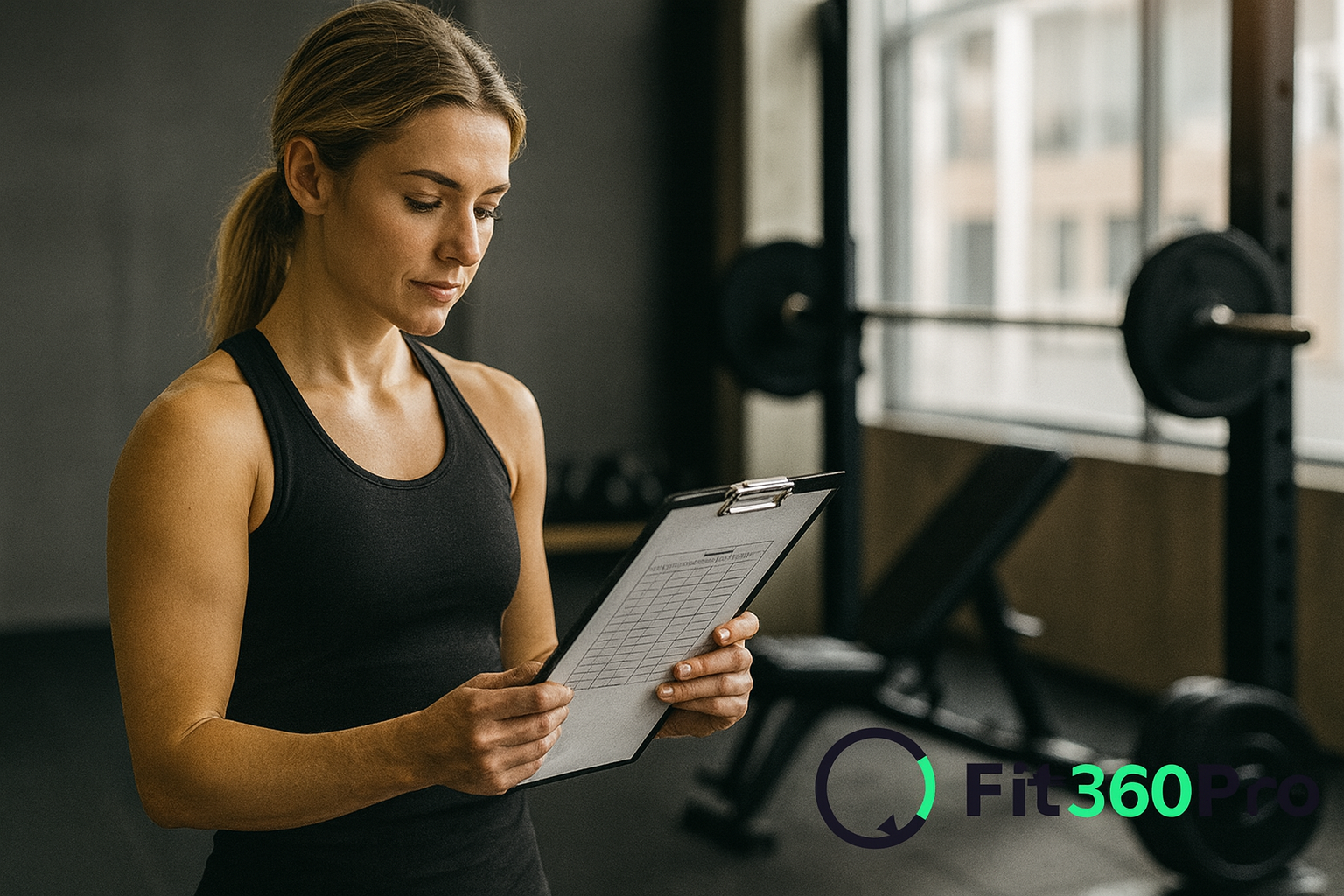Donna in palestra che consulta una scheda allenamento palestra – Fit360Pro