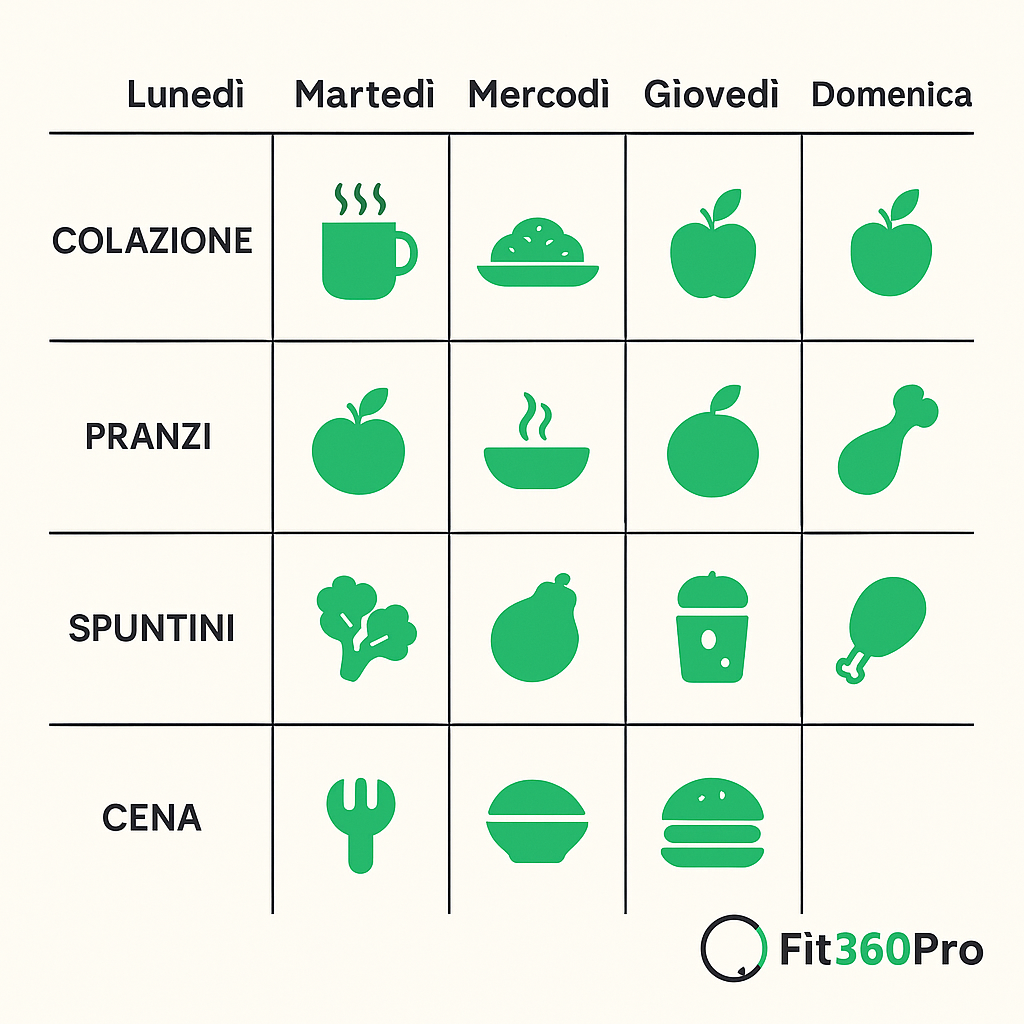 Schema grafico di menù settimanale per dieta ipocalorica con colazioni, pranzi, cene e spuntini tipo – Fit360Pro