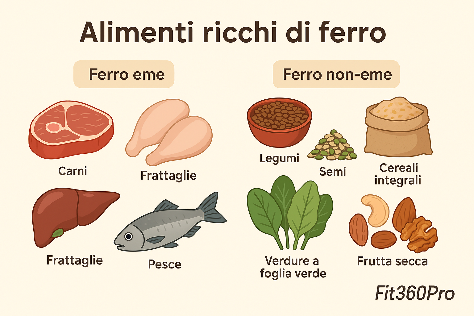 Infografica con alimenti ricchi di ferro eme e non-eme come carne, pesce, legumi, cereali integrali, semi e verdure a foglia verde – Fit360Pro