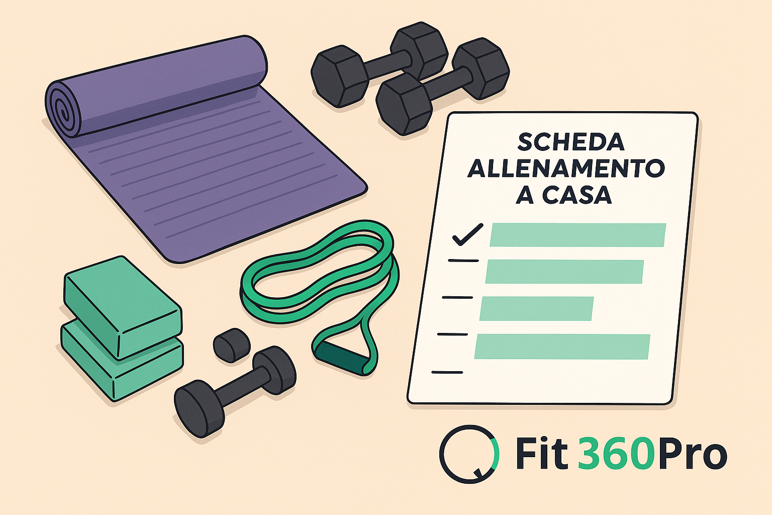 Illustrazione di una scheda allenamento a casa con tappetino, manubri, elastici e blocchi di tempo in agenda – Fit360Pro