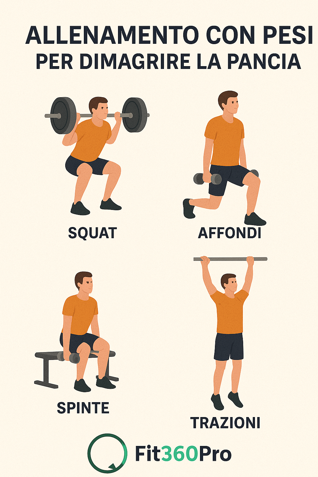 Esempio di allenamento con i pesi per aiutare a dimagrire la pancia con squat, affondi e spinte – Fit360Pro