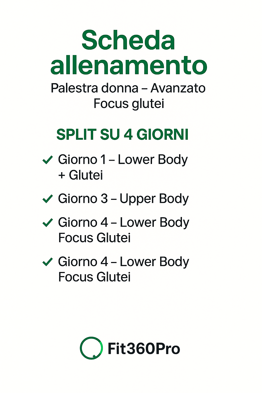 Schema grafico di scheda allenamento palestra donna avanzata con focus glutei e split su 4 giorni – Fit360Pro