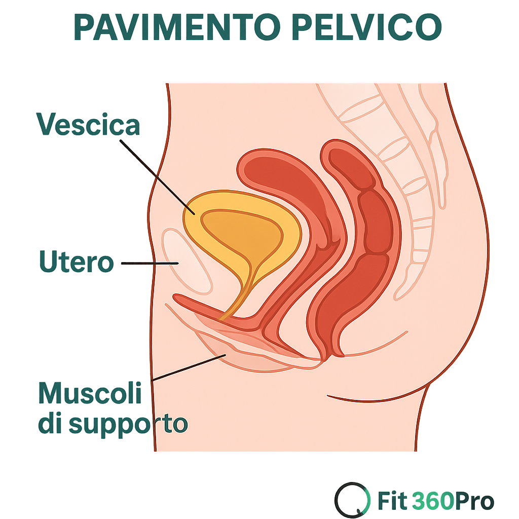 Schema illustrato del pavimento pelvico con posizione di vescica, utero, retto e muscoli di supporto – Fit360Pro