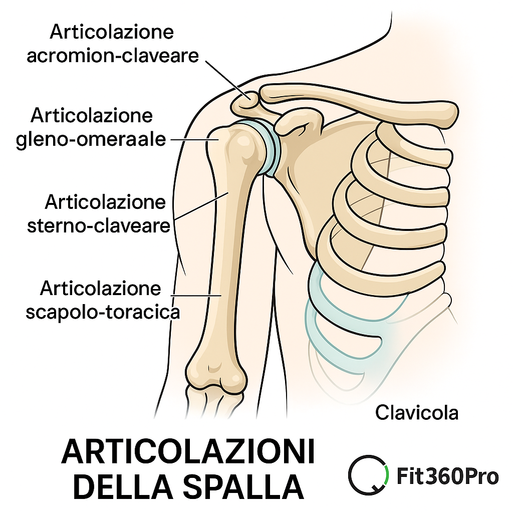Schema illustrato dell’anatomia delle articolazioni della spalla con omero, scapola, clavicola e principali giunture – Fit360Pro