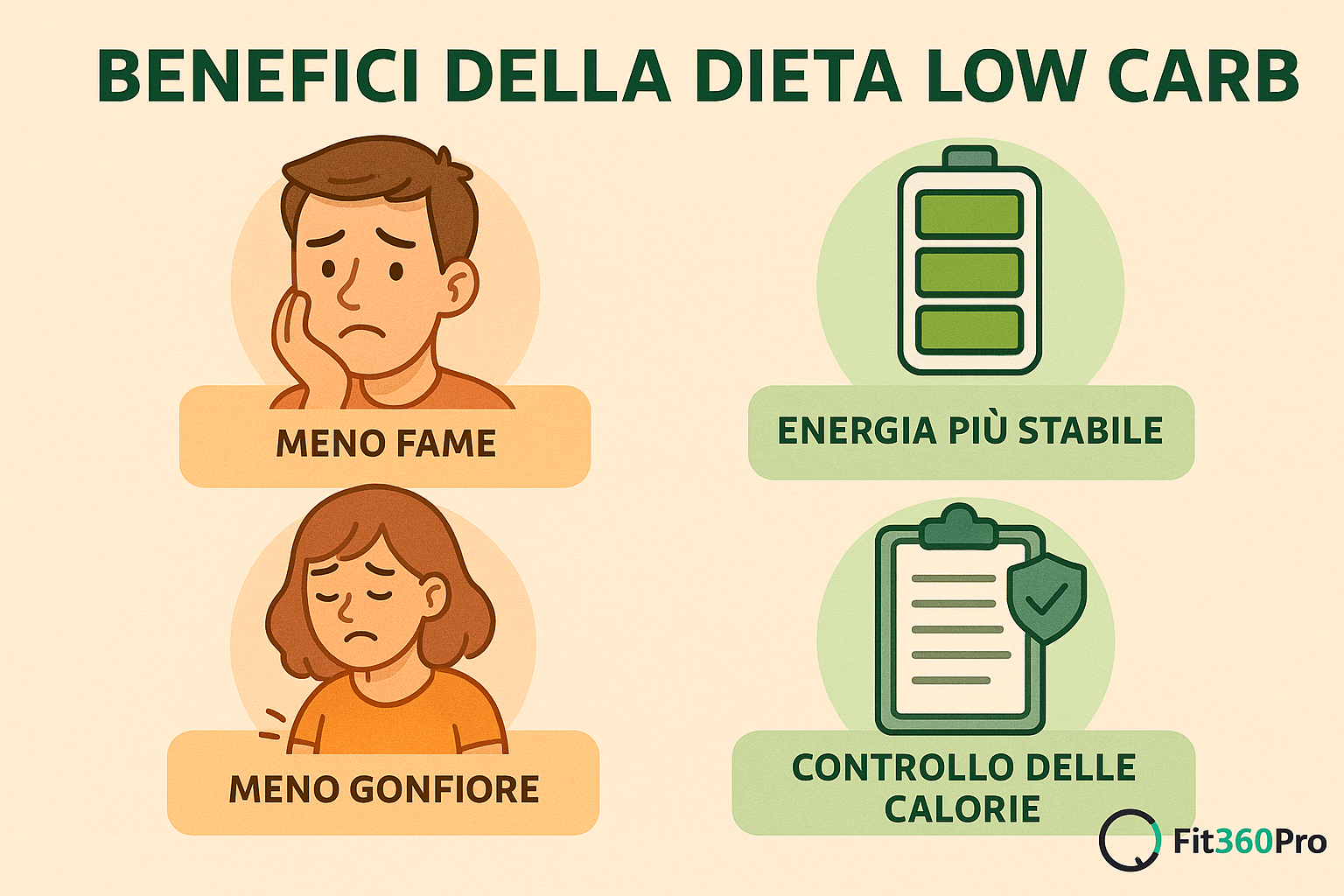 Infografica dei principali benefici della dieta low carb: meno fame, energia più stabile, meno gonfiore e controllo delle calorie – Fit360Pro