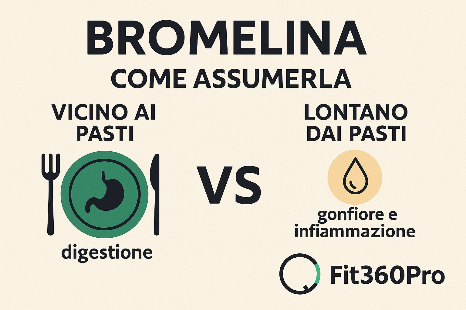 Schema pratico su come assumere la bromelina: vicino ai pasti per la digestione, lontano dai pasti per gonfiore e infiammazione – Fit360Pro