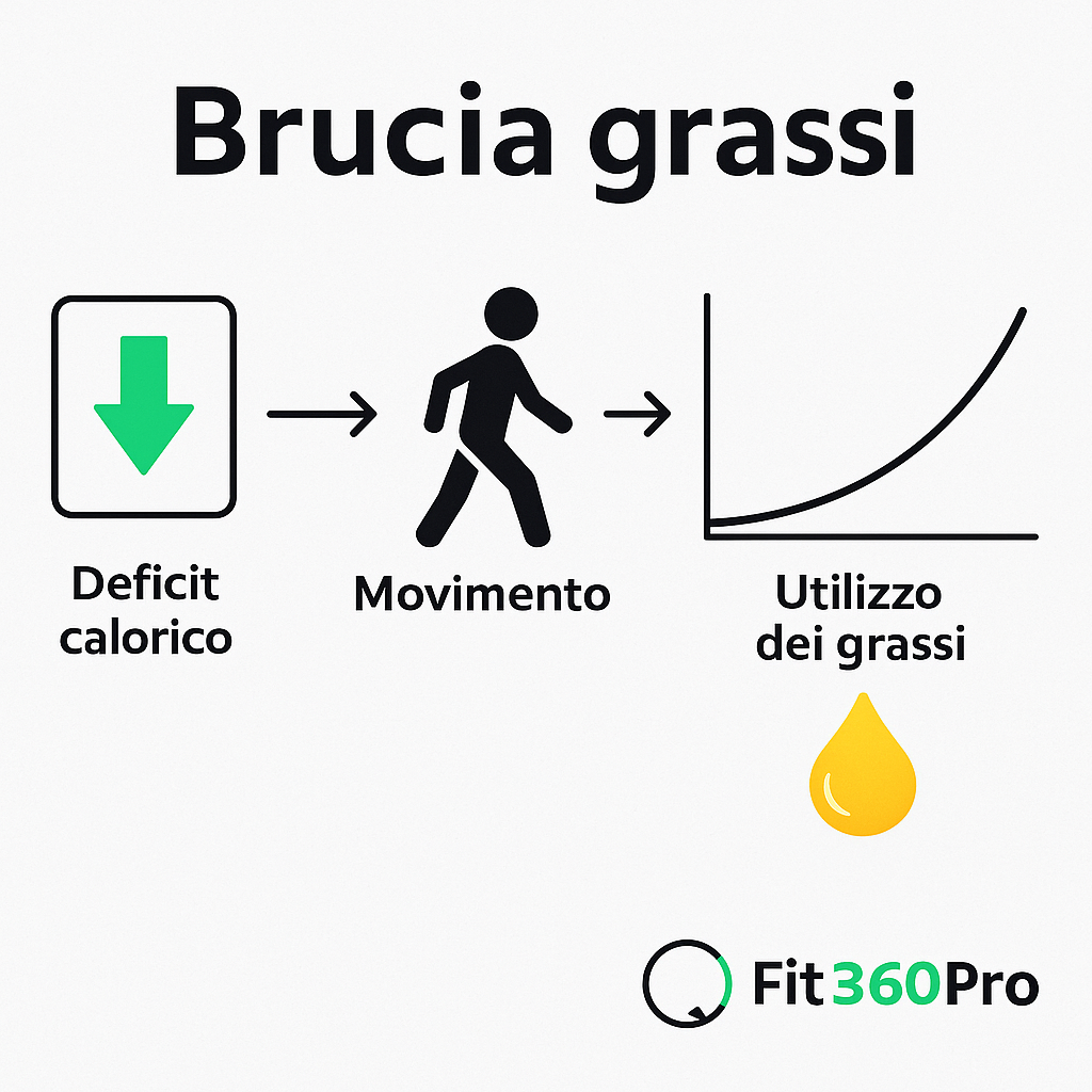 Schema del processo di dimagrimento con deficit calorico, movimento e utilizzo dei grassi come carburante nel tempo – Fit360Pro