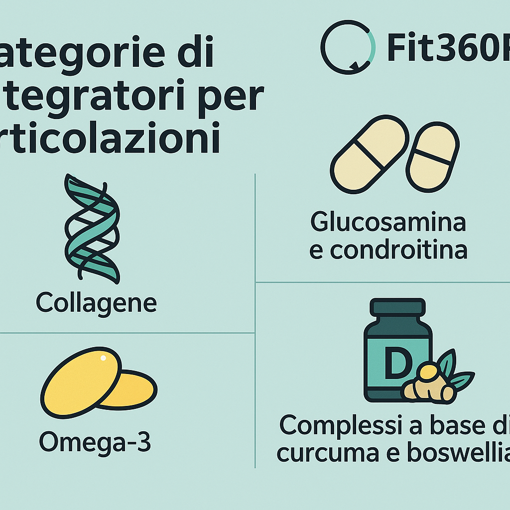 Infografica con le principali categorie di integratori per articolazioni: collagene, glucosamina e condroitina, omega-3, vitamina D e complessi a base di curcuma e boswellia – Fit360Pro