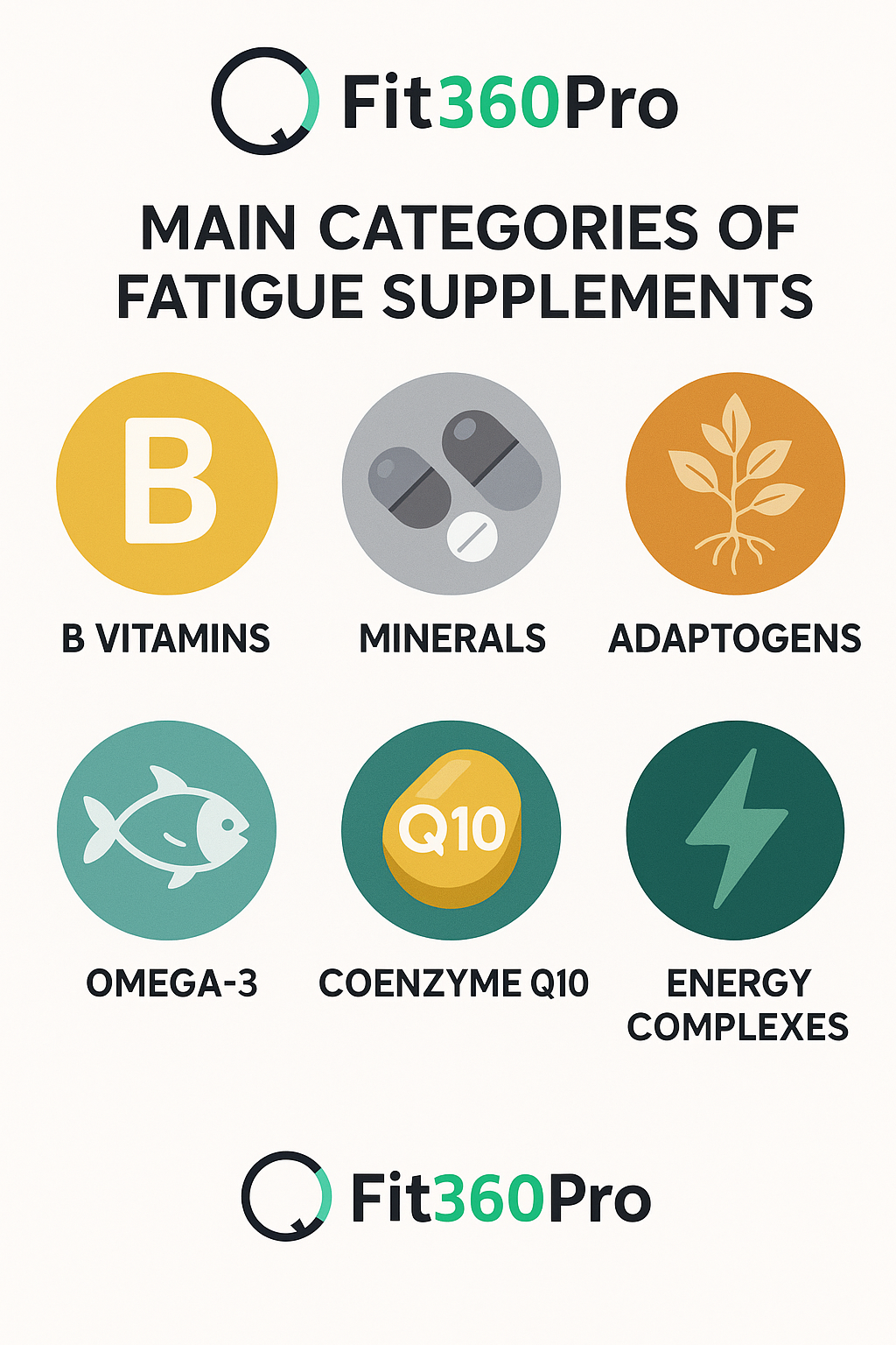 Infografica delle principali categorie di integratori per la stanchezza: vitamine del gruppo B, minerali, adattogeni, omega-3, coenzima Q10 e complessi energia – Fit360Pro