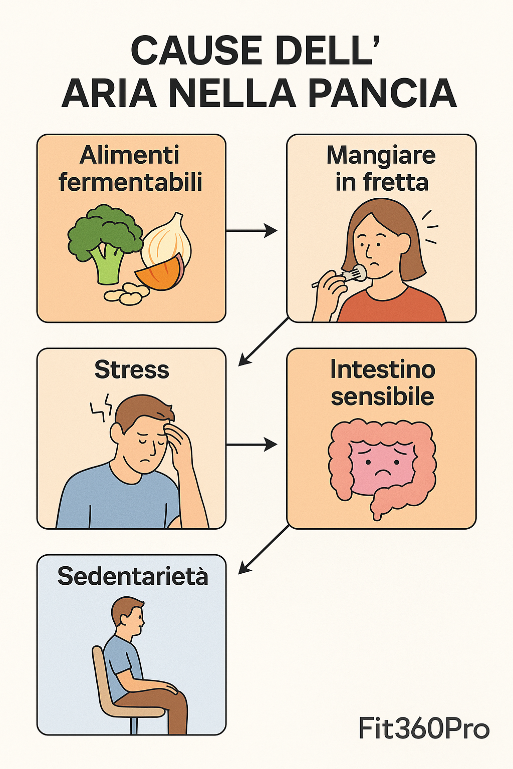 Schema delle principali cause dell’aria nella pancia: alimenti fermentabili, mangiare in fretta, stress, sedentarietà e intestino sensibile – Fit360Pro