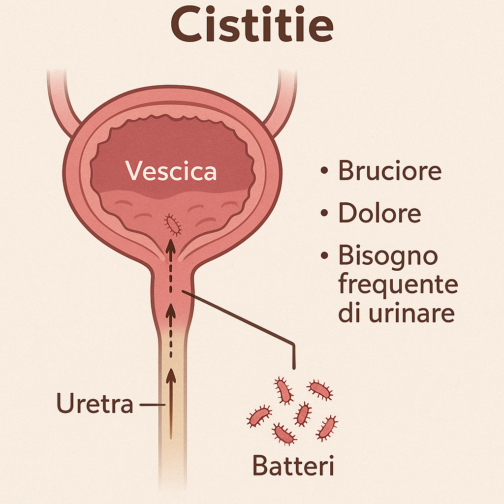 Schema illustrato della cistite con vescica, uretra e risalita dei batteri responsabili di bruciore, dolore e bisogno frequente di urinare – Fit360Pro