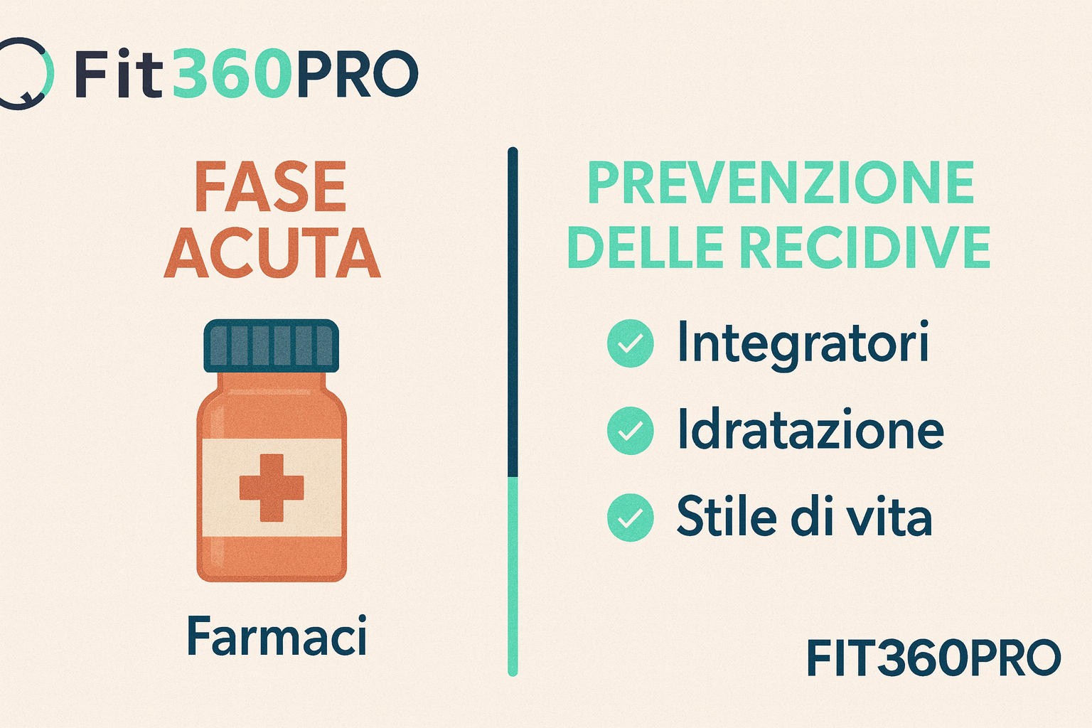 Schema che distingue fase acuta della cistite (farmaci) e prevenzione delle recidive con integratori, idratazione e stile di vita – Fit360Pro