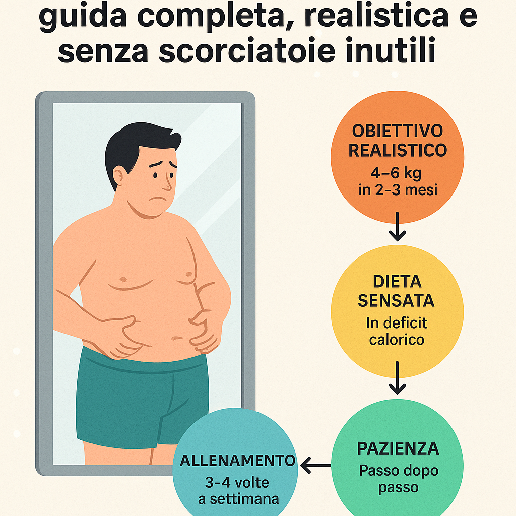 Persona che osserva la pancia allo specchio con schema realistico di percorso dimagrante – Fit360Pro