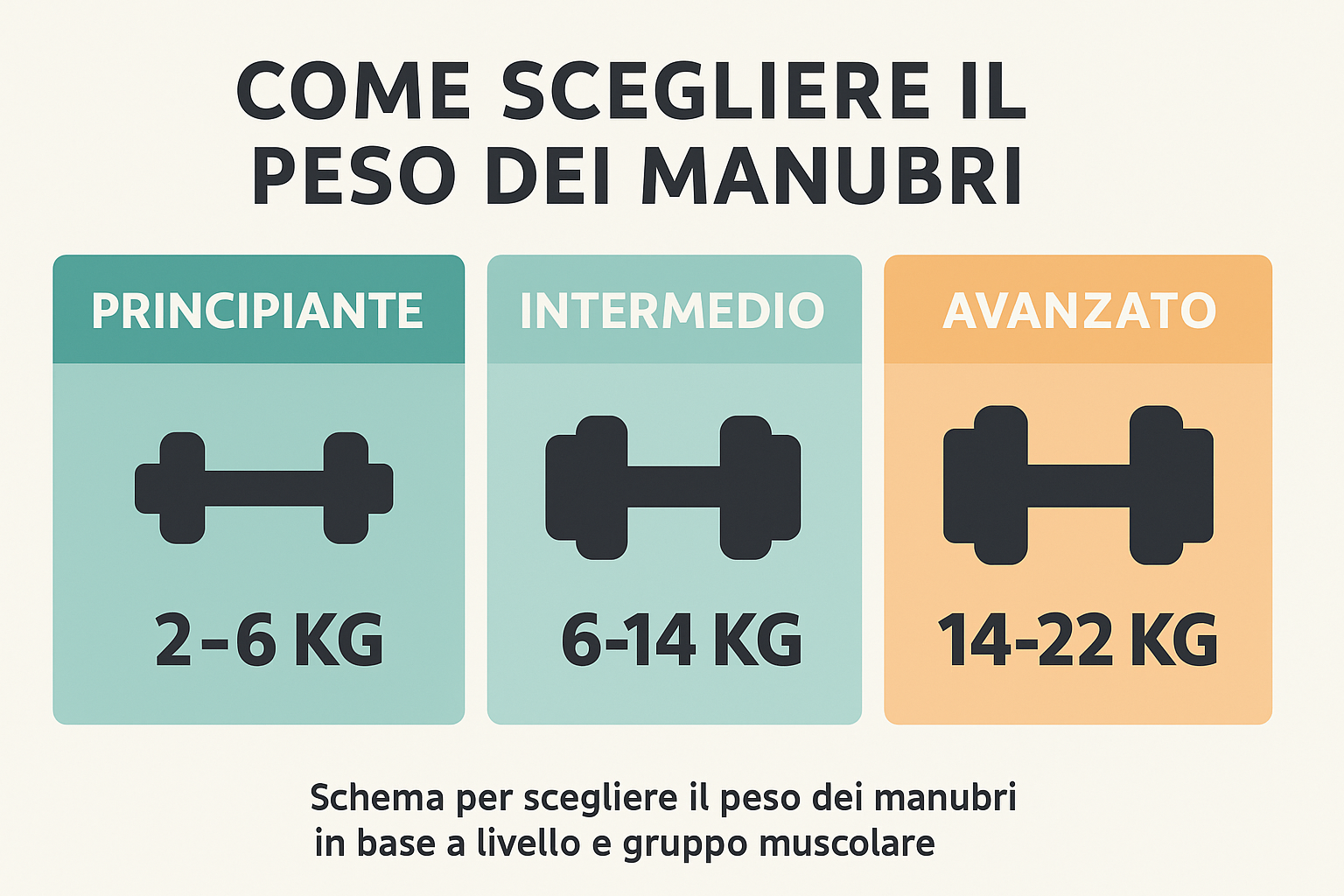 Schema per scegliere il peso dei manubri palestra in base a livello e gruppo muscolare – Fit360Pro
