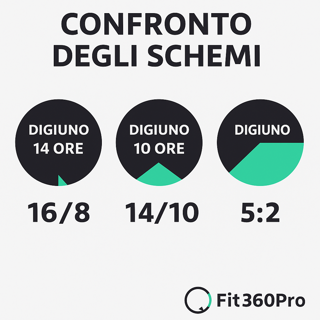 Confronto tra i principali schemi di dieta intermittente: 16/8, 14/10 e 5:2 con ore di digiuno e finestra di alimentazione – Fit360Pro