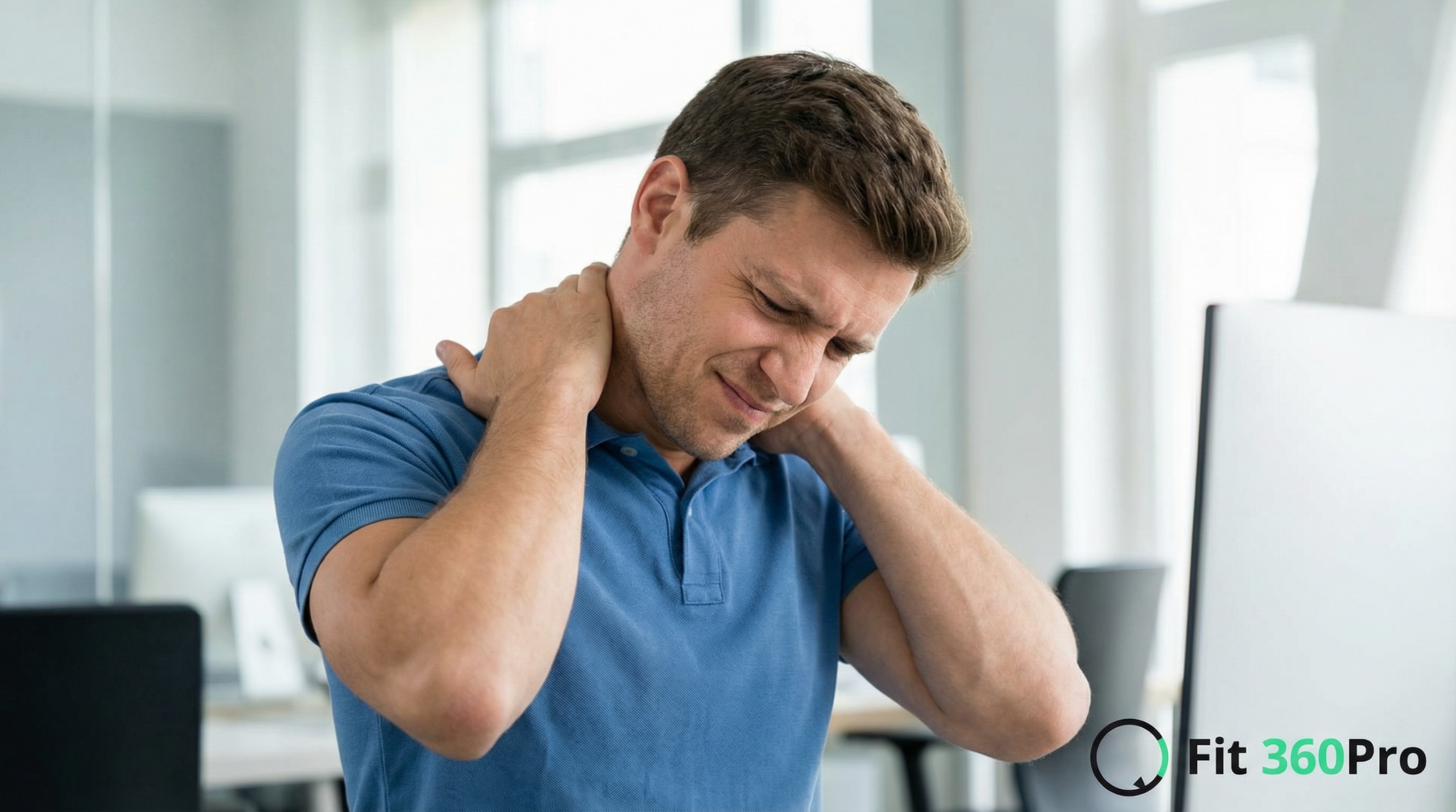 Uomo che massaggia la parte posteriore del collo per alleviare una contrattura muscolare