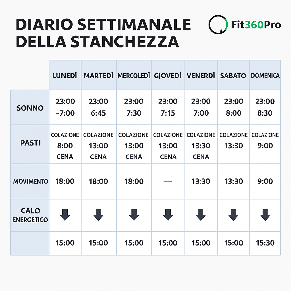 Esempio di diario settimanale per monitorare la stanchezza con orari di sonno, pasti, movimento e momenti di calo energetico – Fit360Pro