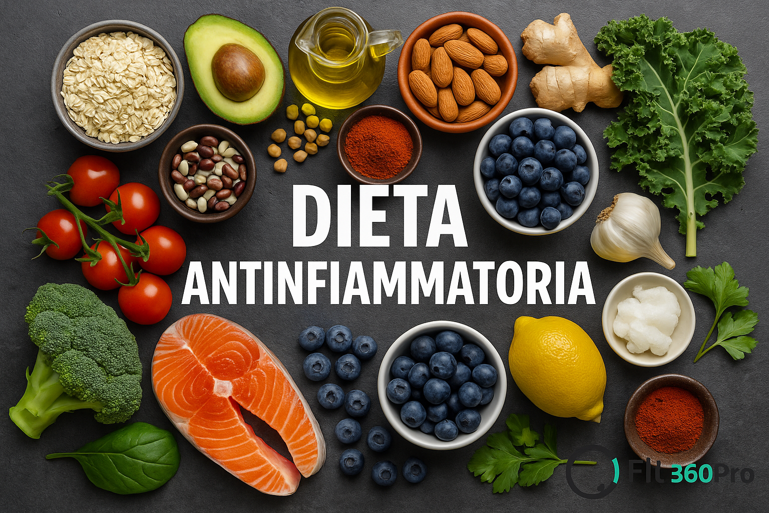Panoramica visiva della dieta antinfiammatoria con alimenti colorati ricchi di fibre, antiossidanti e grassi buoni – Fit360Pro