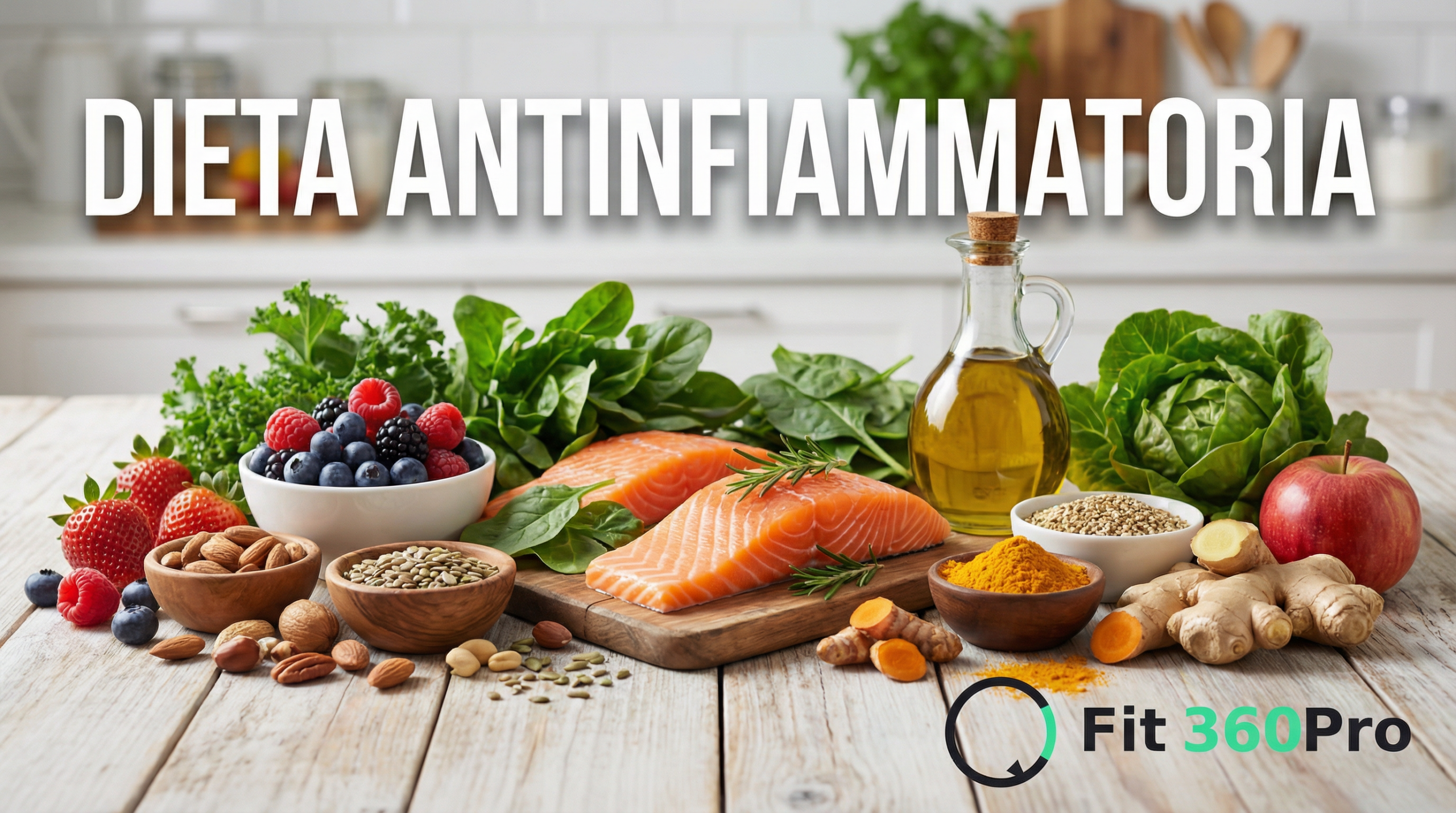 Alimenti sani e colorati su un tavolo che illustrano una dieta antinfiammatoria equilibrata