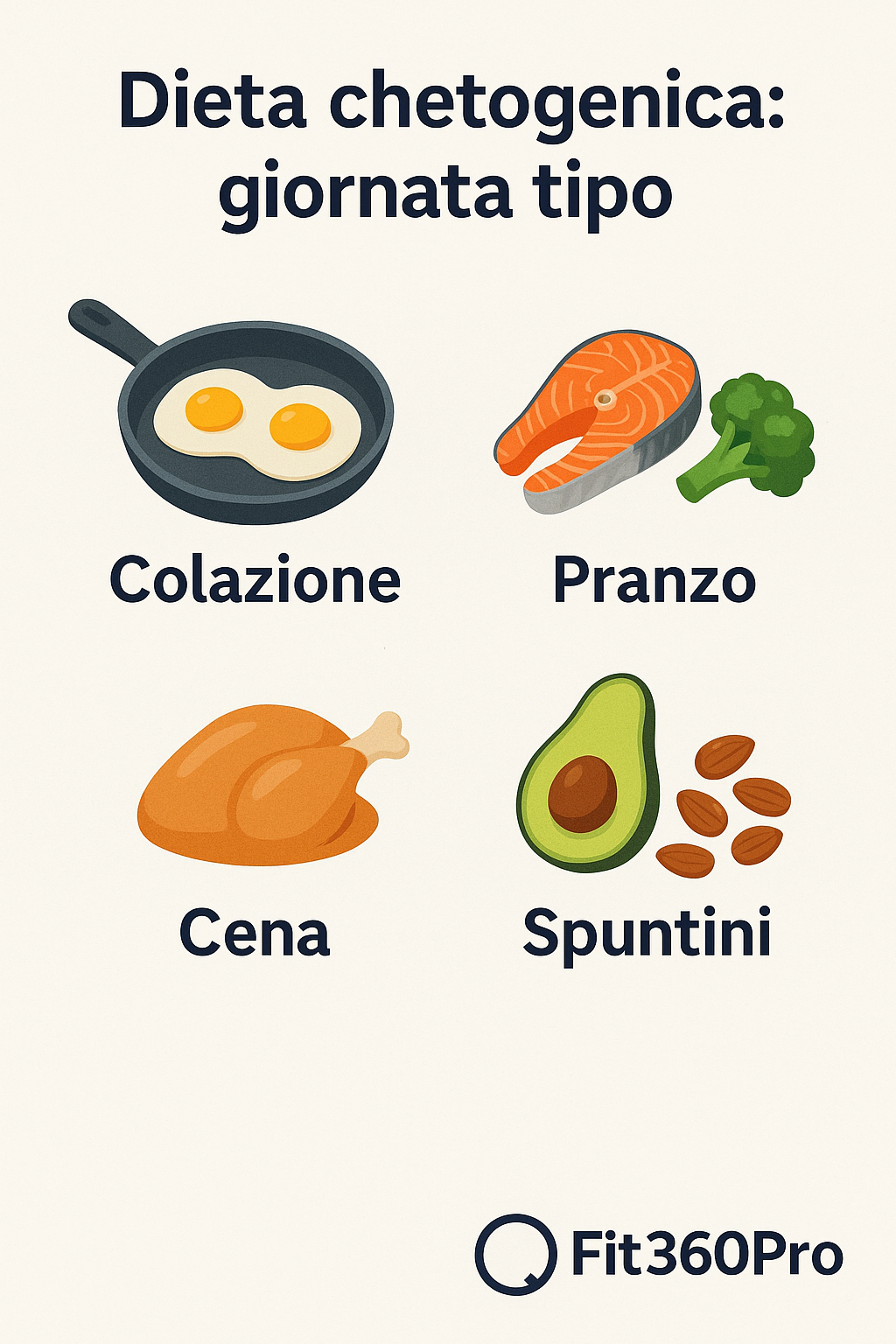 Schema grafico della giornata tipo in dieta chetogenica con colazione, pranzo, cena e spuntini – Fit360Pro