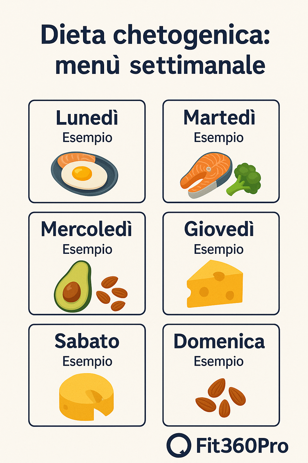 Schema grafico del menù settimanale tipo in dieta chetogenica con 6 giorni di esempi – Fit360Pro