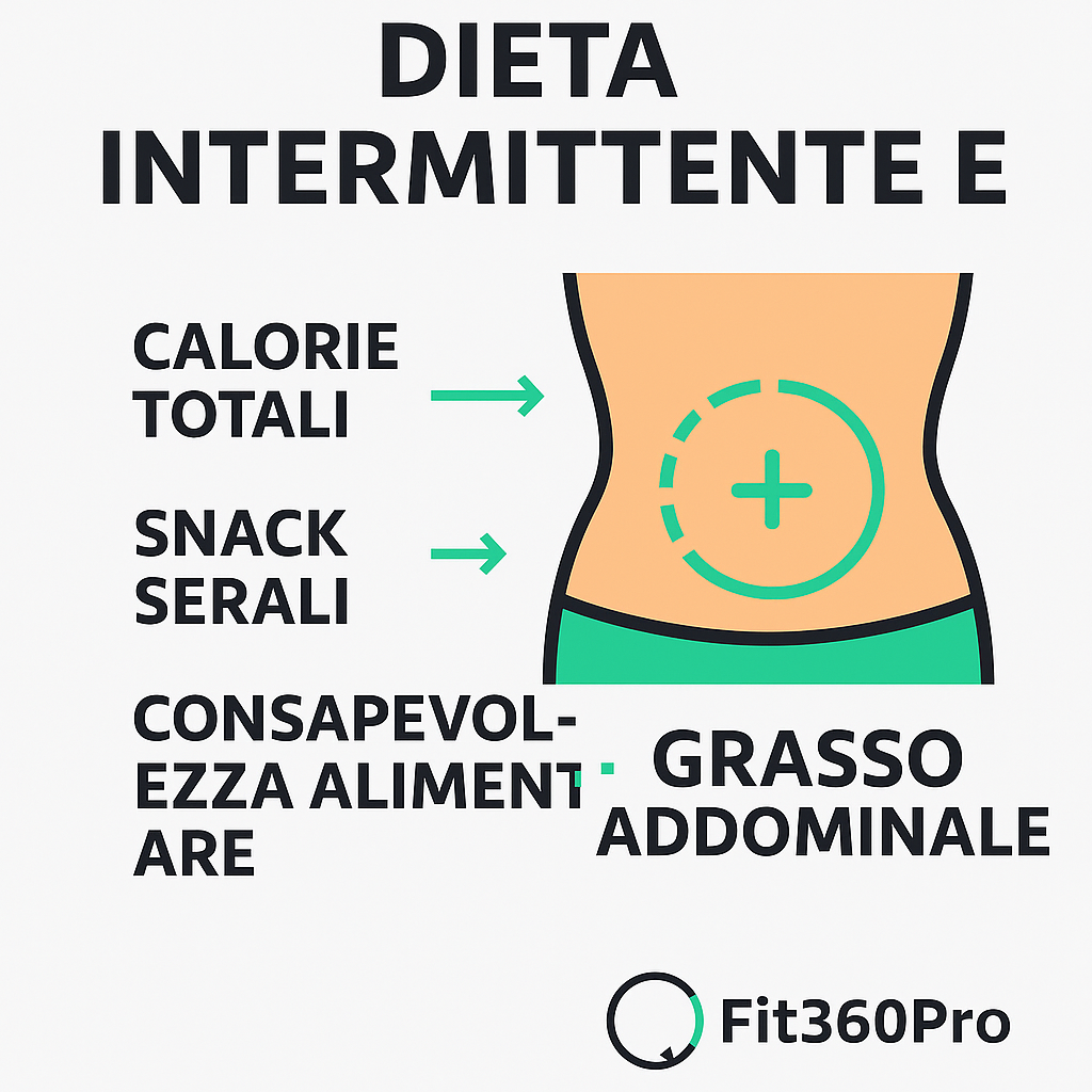 Schema che mostra come la dieta intermittente può aiutare a ridurre il grasso addominale lavorando su calorie totali, snack serali e consapevolezza alimentare – Fit360Pro