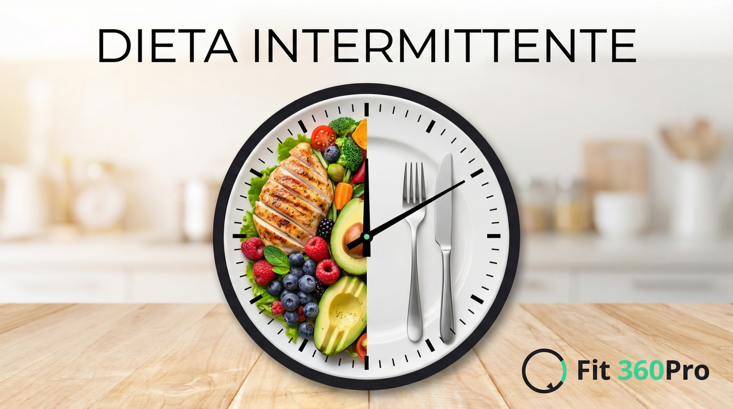 Immagine dieta intermittente con orologio, verdure e piatto bilanciato – guida Fit360Pro sulla dieta intermittente