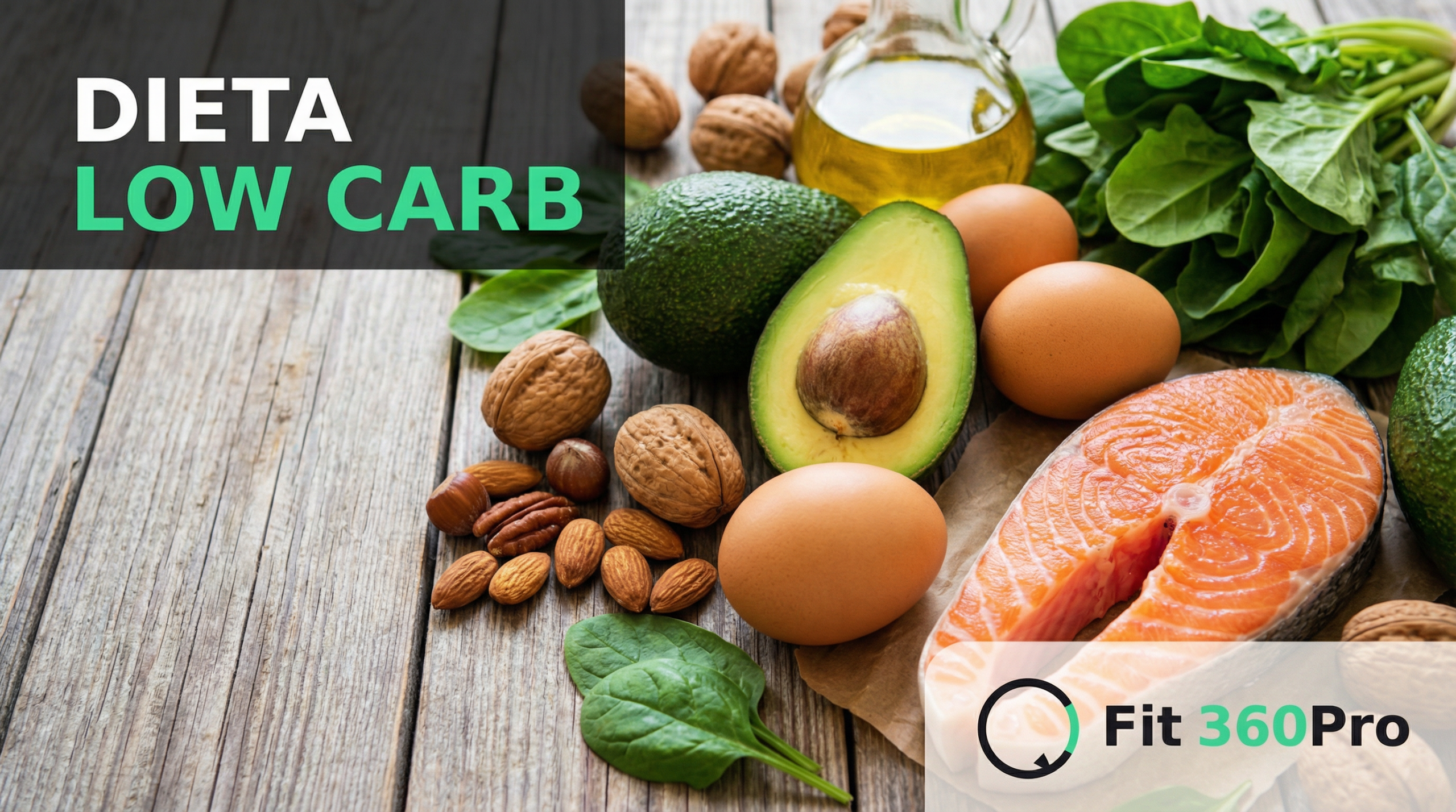 Piatto con alimenti sani low carb e scritta “dieta low carb” su sfondo scuro, immagine guida Fit360Pro