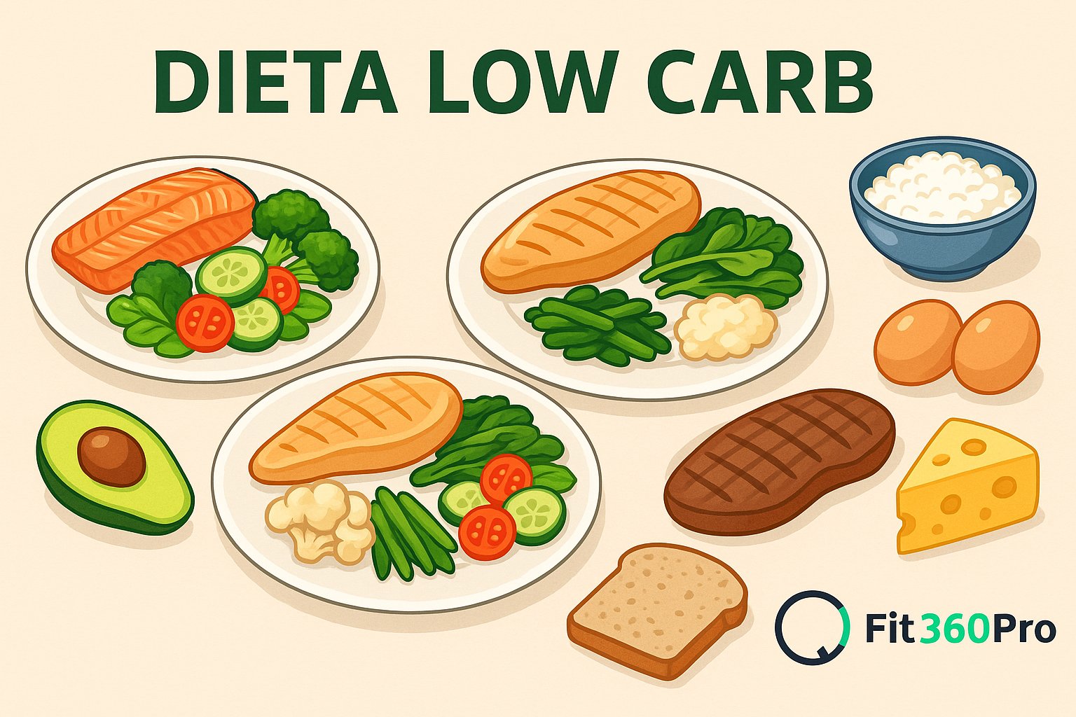 Illustrazione panoramica della dieta low carb con piatti bilanciati e alimenti proteici, verdure e carboidrati ridotti – Fit360Pro