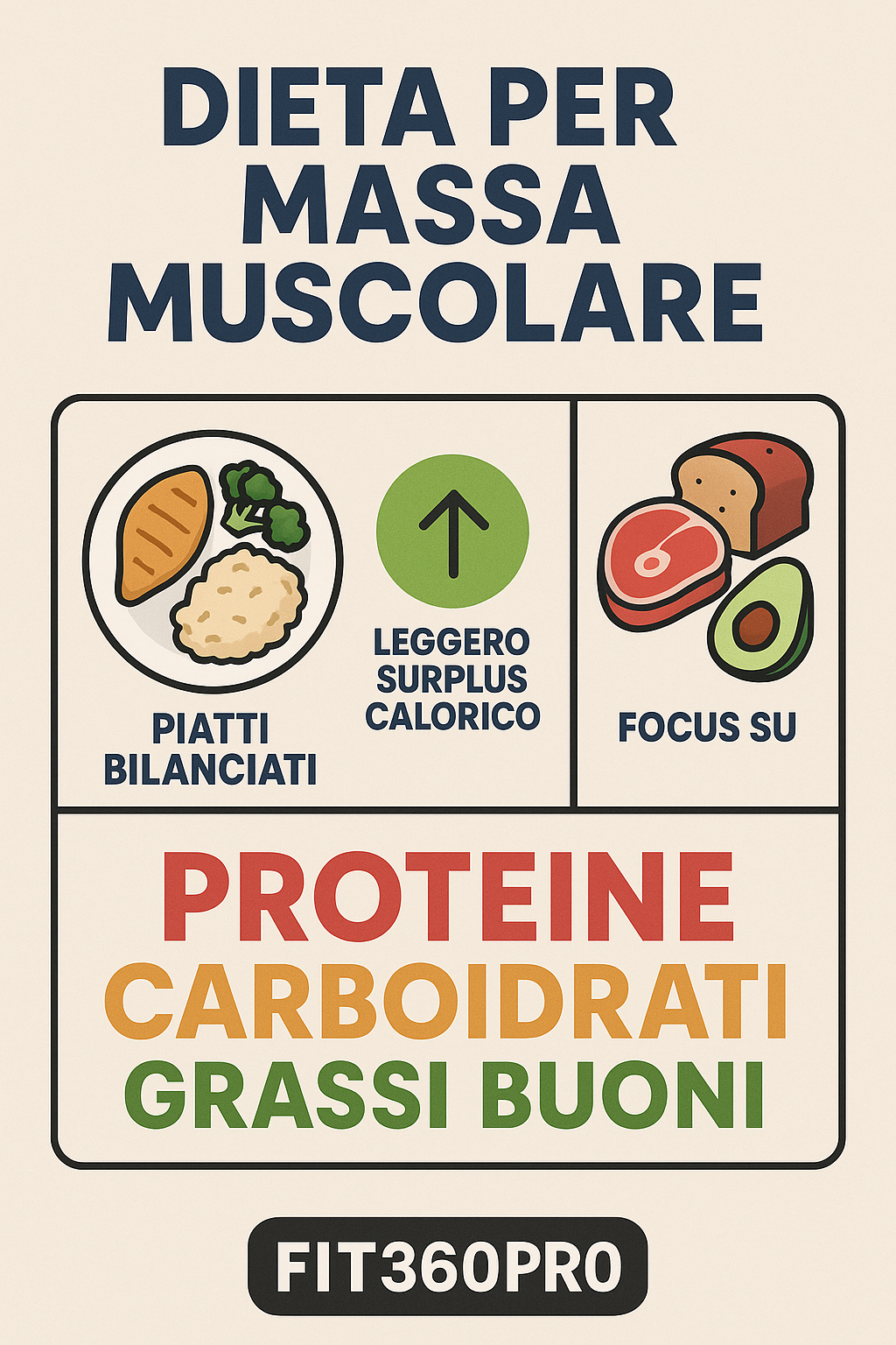 Panoramica visiva di una dieta per massa muscolare con piatti bilanciati, leggero surplus calorico e focus su proteine, carboidrati e grassi buoni – Fit360Pro