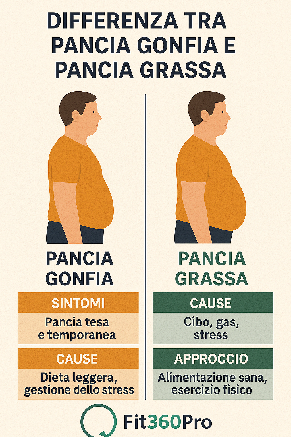 Infografica che confronta pancia gonfia e pancia grassa con sintomi e cause principali – Fit360Pro