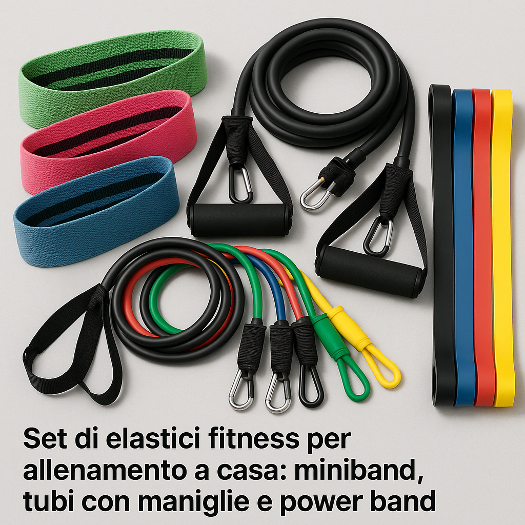 Set di elastici fitness per allenamento a casa: miniband, tubi con maniglie e power band – Fit360Pro