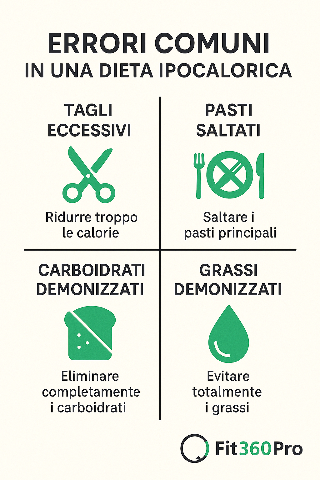 Infografica degli errori comuni in una dieta ipocalorica: tagli eccessivi, pasti saltati, demonizzazione di carboidrati e grassi – Fit360Pro