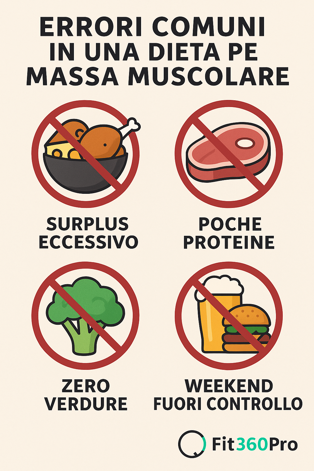 Infografica degli errori più comuni in una dieta per massa muscolare come surplus eccessivo, poche proteine, zero verdure e weekend fuori controllo – Fit360Pro
