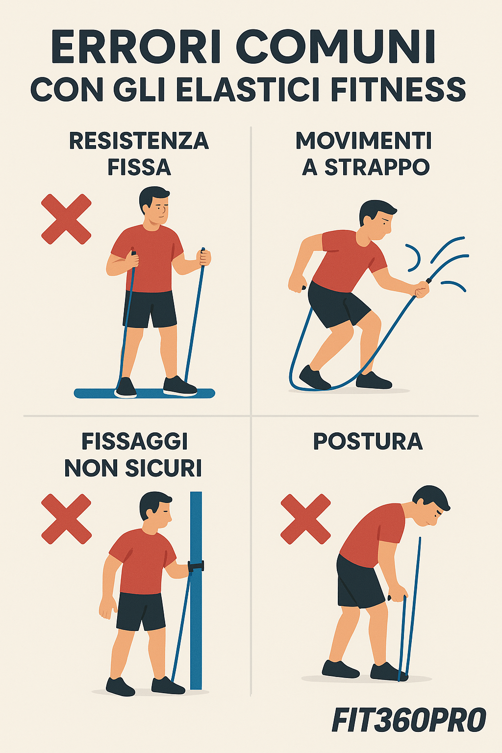 Infografica sugli errori comuni con elastici fitness: resistenza fissa, strappi, fissaggi e postura – Fit360Pro