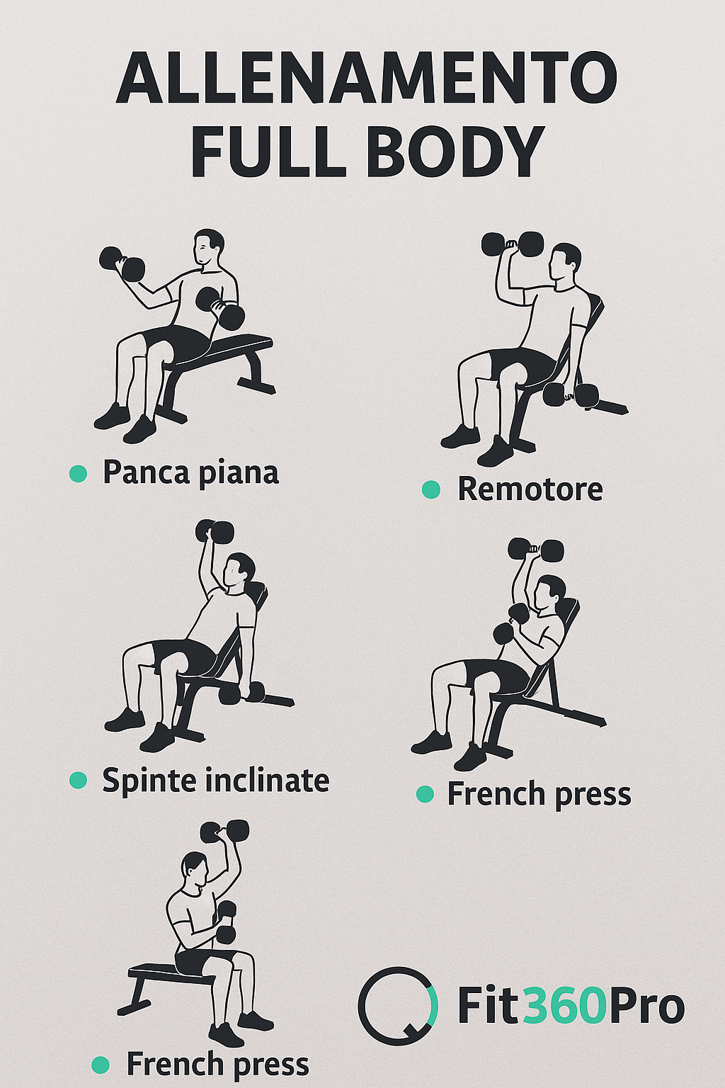 Esempio di allenamento full body con panca palestra e manubri: panca piana, rematore, spinte inclinate, bulgari e french press – Fit360Pro