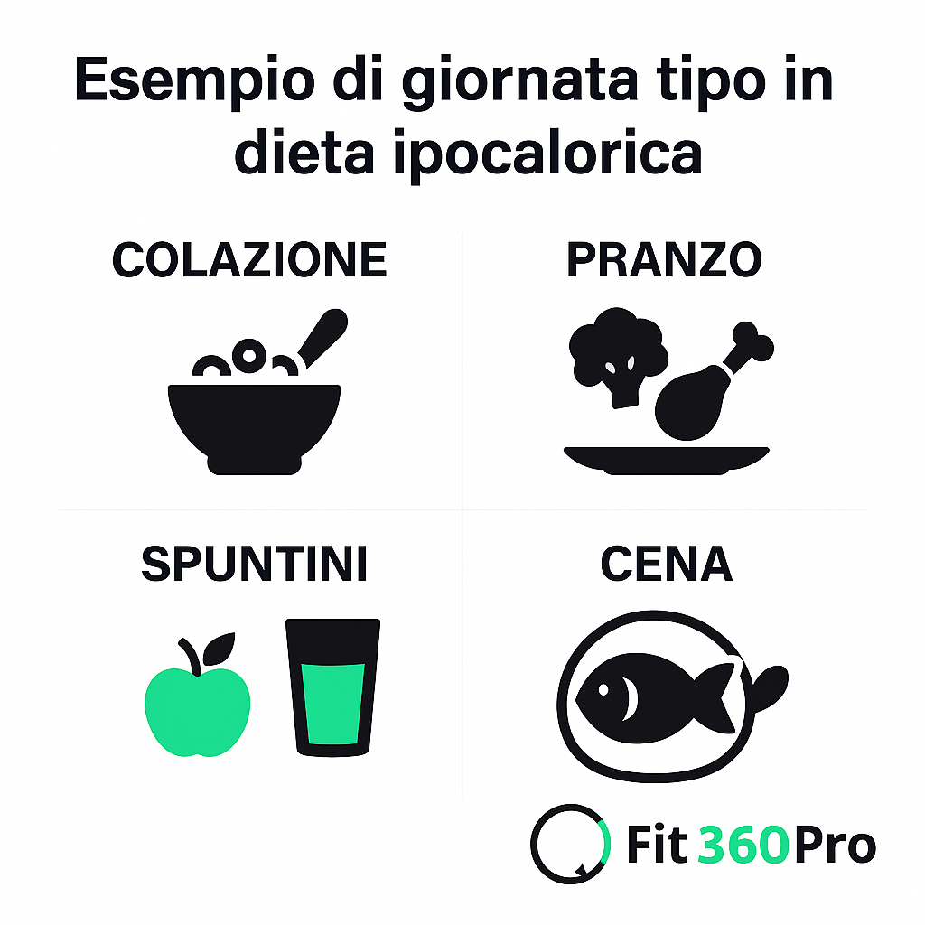 Schema grafico di una giornata tipo in dieta ipocalorica con colazione, pranzo, cena e spuntini – Fit360Pro