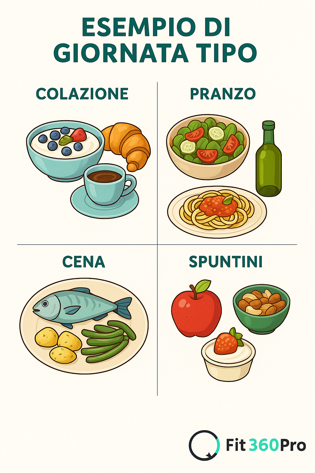Esempio di giornata tipo ispirata alla piramide alimentare mediterranea con colazione, pranzo, cena e spuntini – Fit360Pro