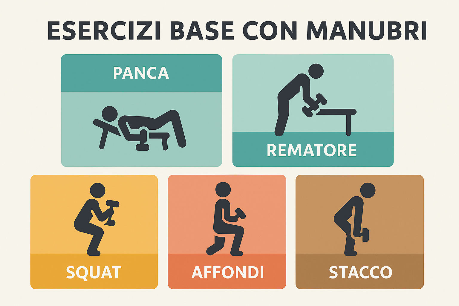 Illustrazione con i principali esercizi da fare con i manubri palestra: panca, rematore, squat, affondi e stacco – Fit360Pro