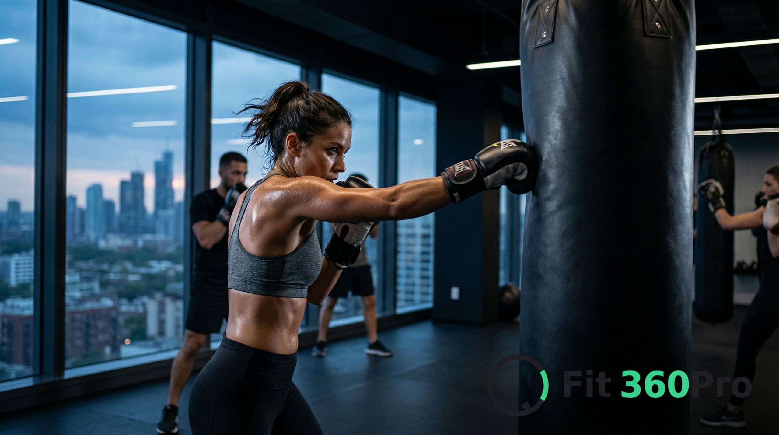 Donna che colpisce il sacco durante un allenamento di fit boxe in palestra