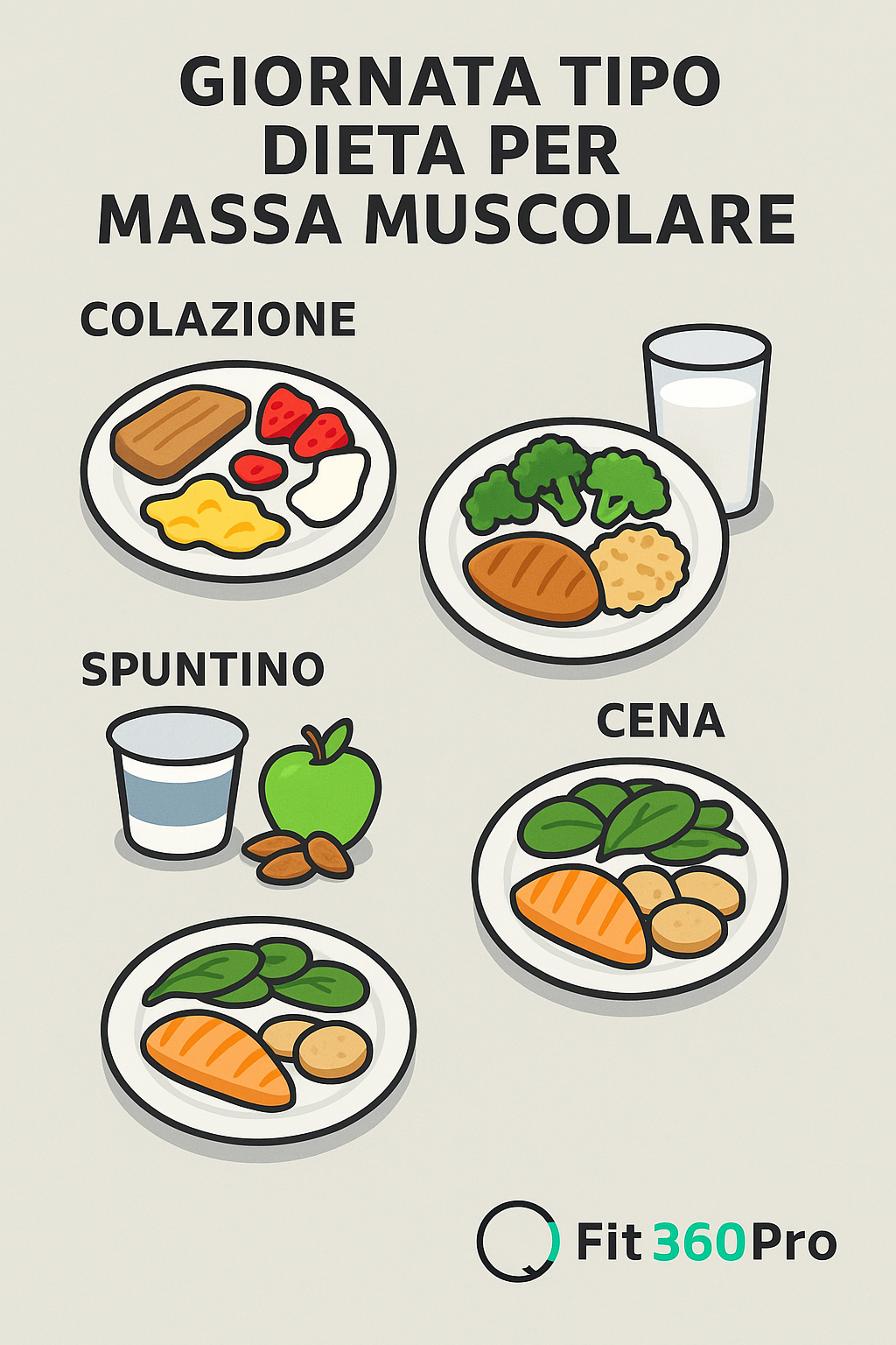 Schema grafico di una giornata tipo di dieta per massa muscolare con colazione, pranzo, cena e spuntini – Fit360Pro