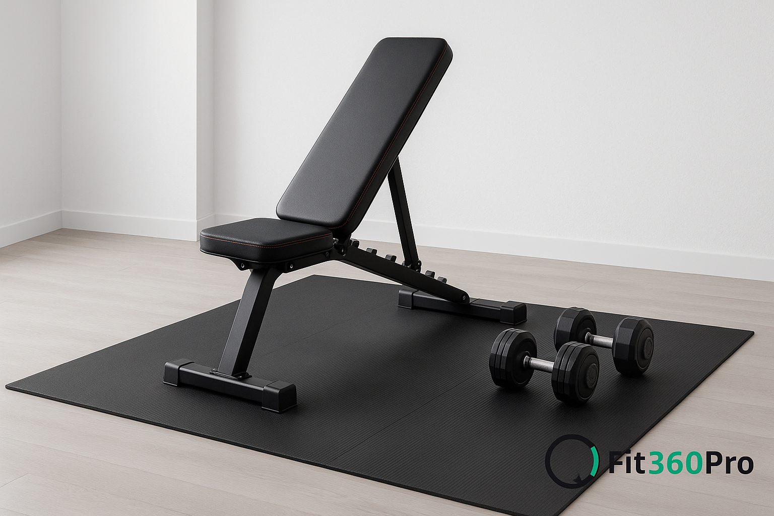 Panca palestra in home gym: esempio di setup compatto con panca, manubri e tappetino – Fit360Pro
