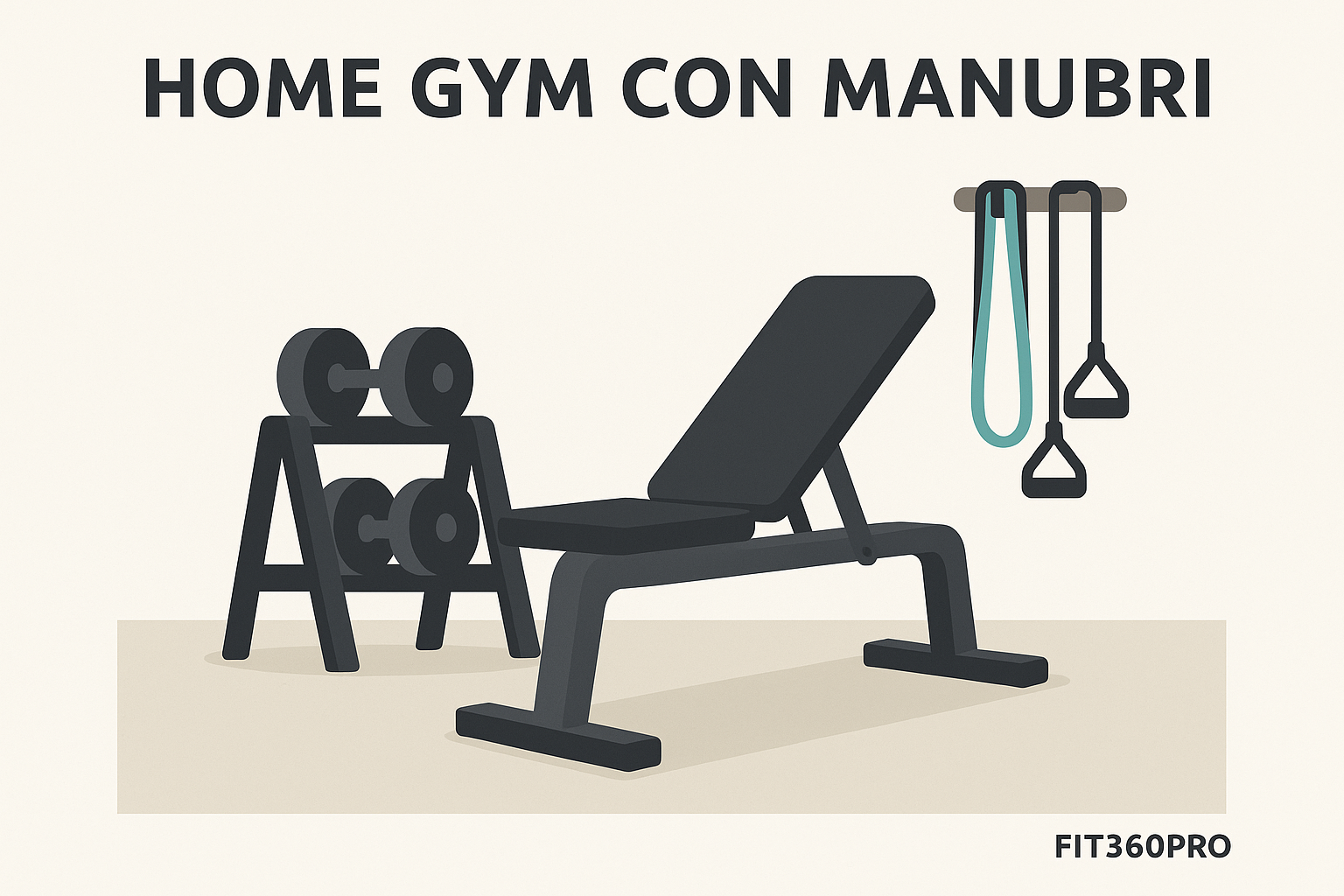 Esempio di home gym compatta con manubri palestra, panca ed elastici – Fit360Pro