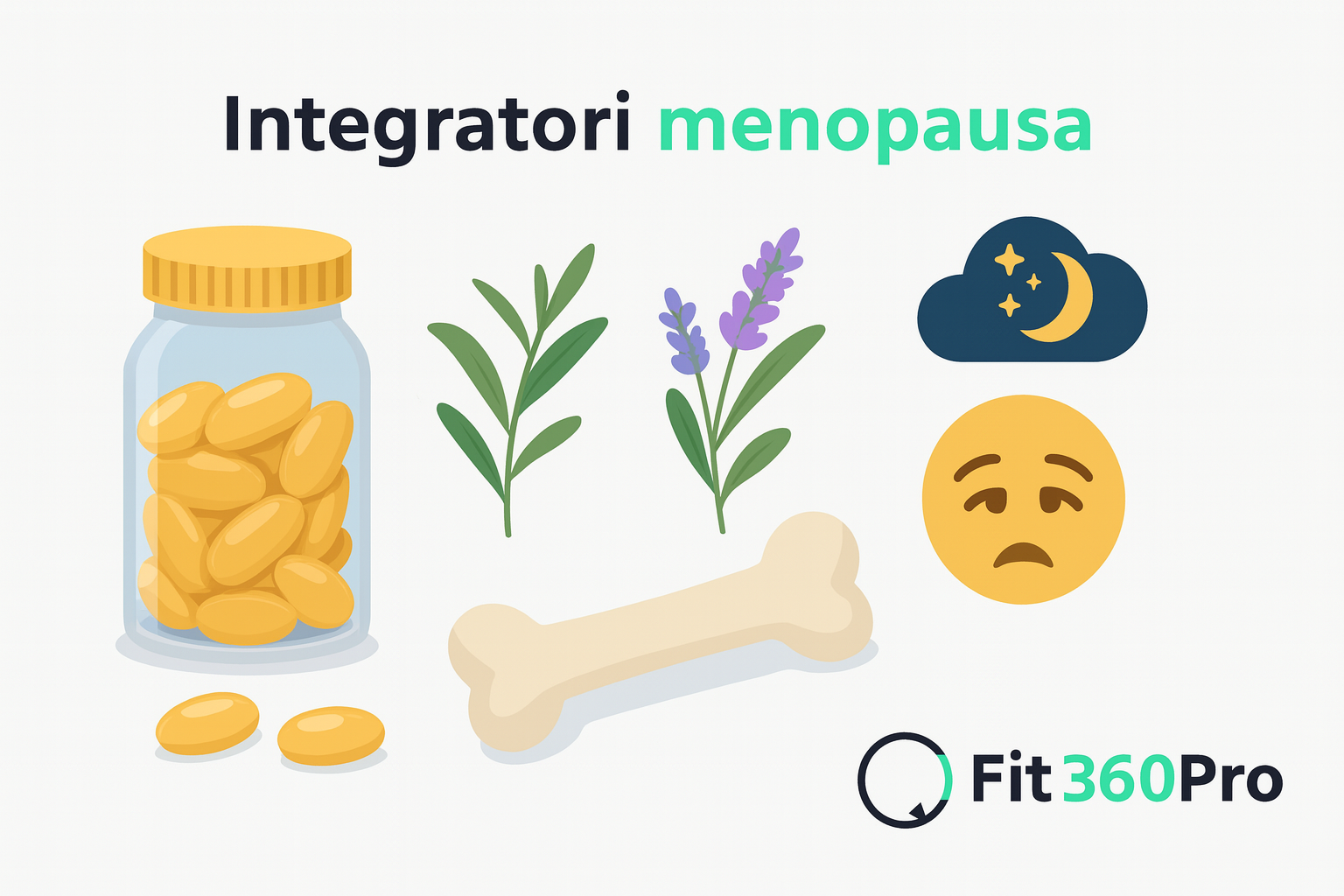 Panoramica visiva degli integratori per la menopausa con capsule, piante officinali, ossa, umore e sonno – Fit360Pro