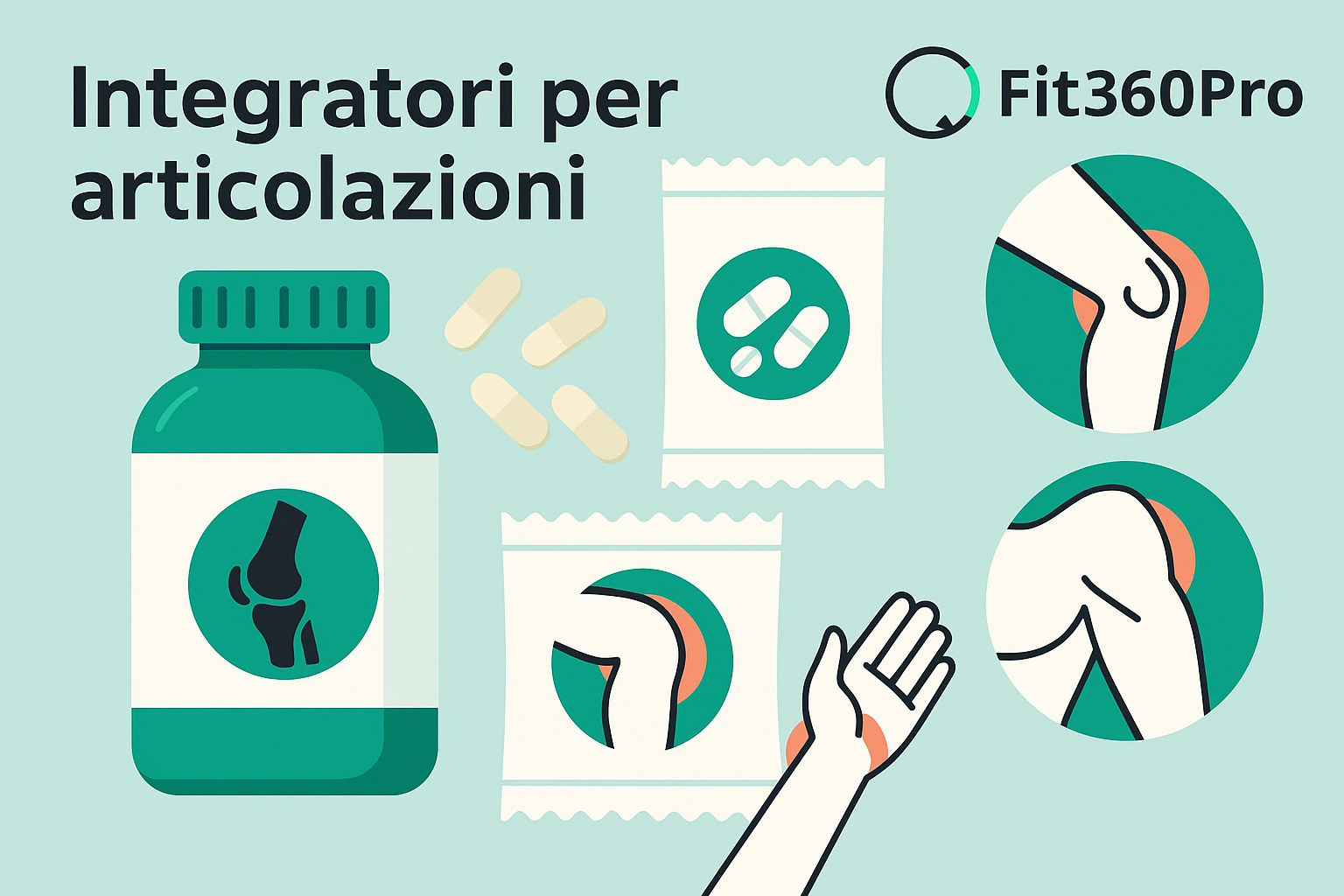 Panoramica visiva degli integratori per articolazioni con capsule, bustine e focus su ginocchia, spalle e polsi – Fit360Pro
