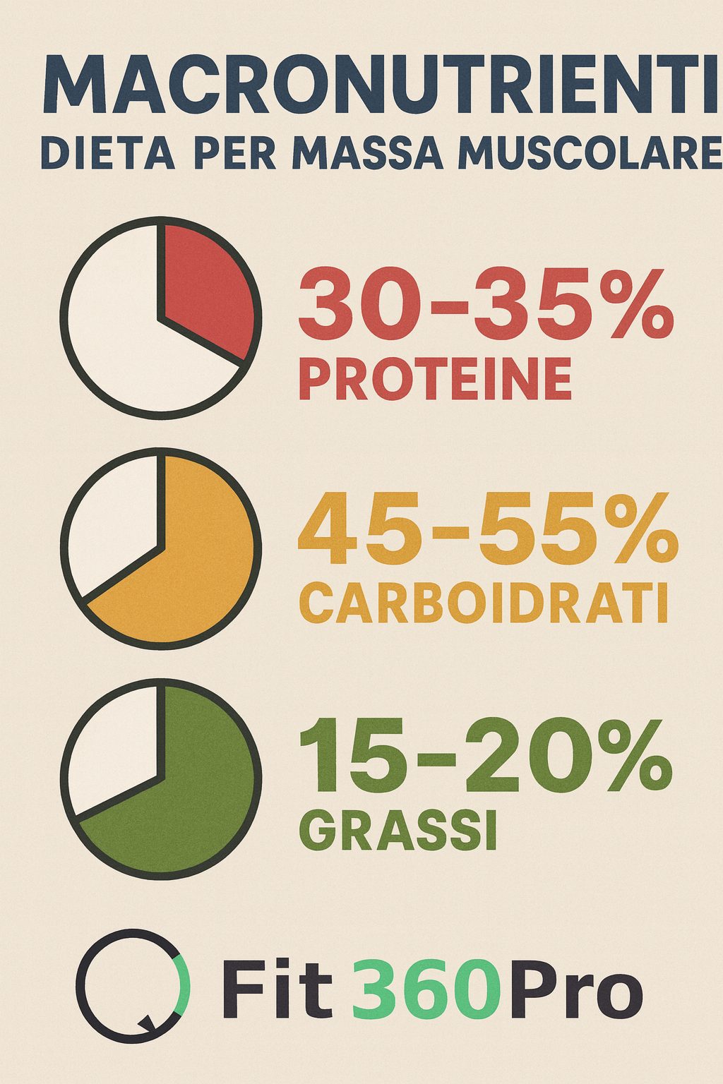 Schema dei macronutrienti in una dieta per massa muscolare con esempio di ripartizione tra proteine, carboidrati e grassi – Fit360Pro