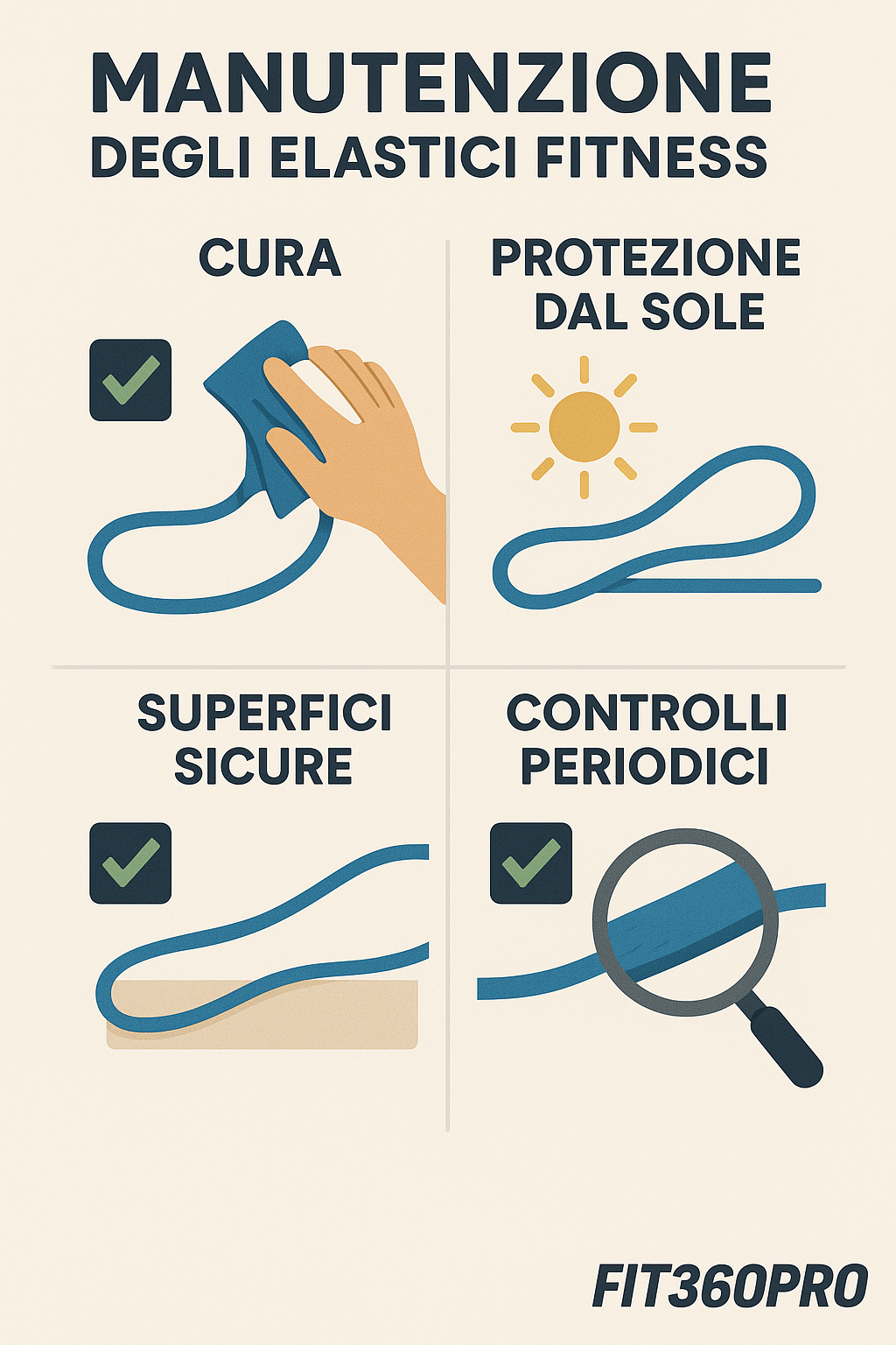 Checklist grafica per la manutenzione degli elastici fitness e la loro durata nel tempo – Fit360Pro